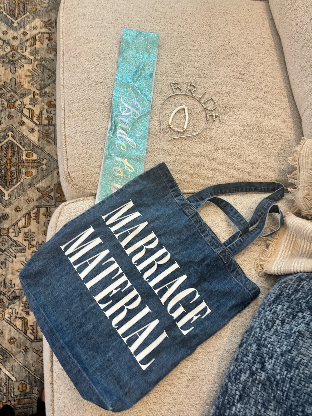Bride Tote, Bag. Wedding Day New Headband Bracelet Sash Jean Tote